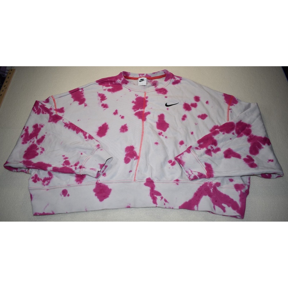 Nike Womens Tie Dye Sweatshirt Pink White Fleece Cropped Crewneck Large L